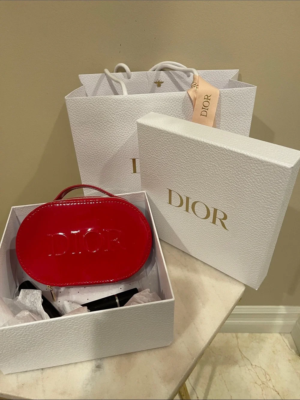 Dior Glossy Red Patent Oval Vanity Case Cosmetic Bag